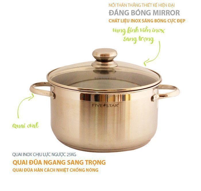 Bộ nồi inox 3 đáy nắp kính quai oval FiveStar FS06CG2 - Hàng chính hãng
