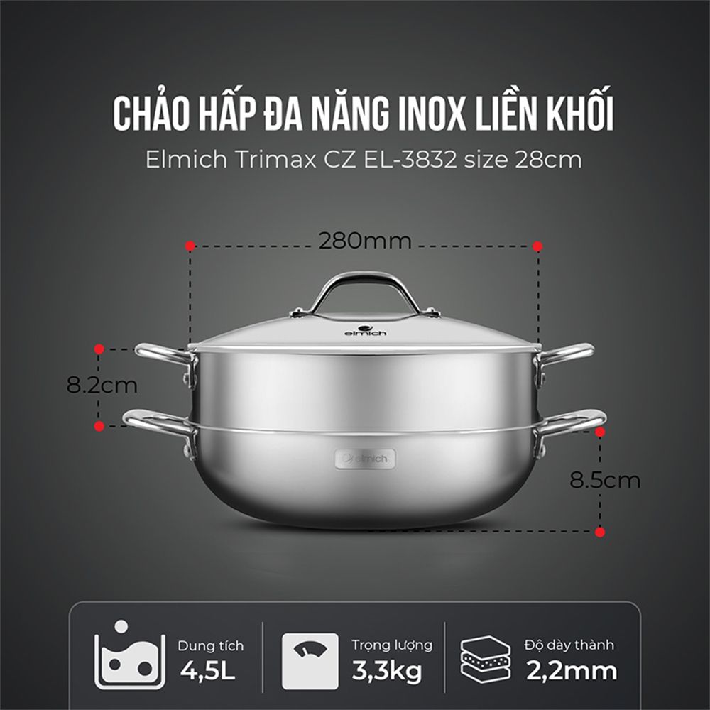 Chảo hấp đa năng inox liền khối Elmich Trimax CZ EL-3832 size 28cm - Hàng chính hãng