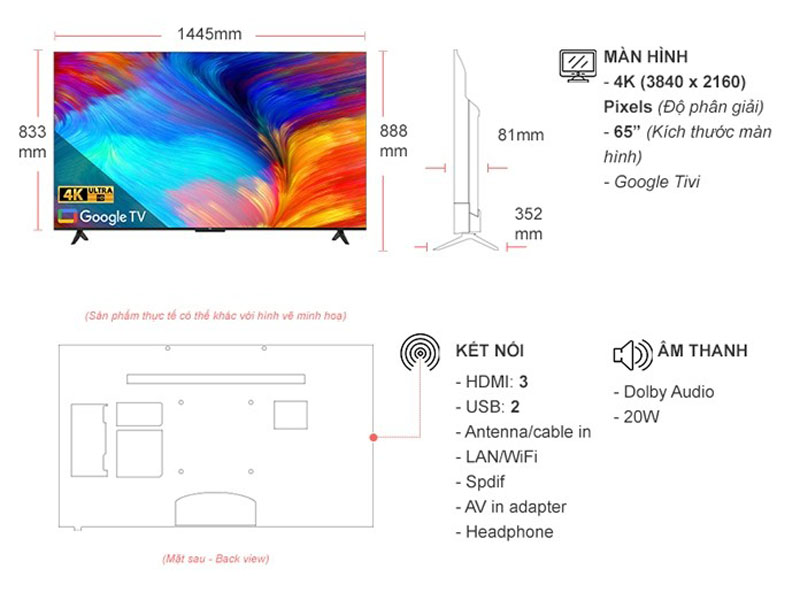 Google Tivi TCL LED 4K 65 inch 65P638 - Hàng chính hãng