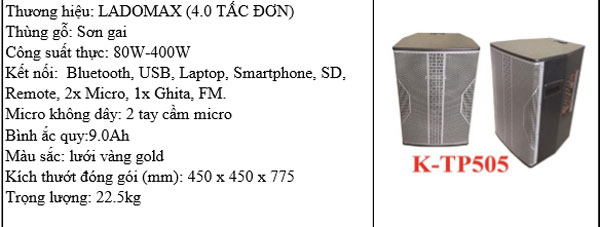 Loa kéo gỗ 4 tấc Ladomax K-TP505 - Hàng chính hãng