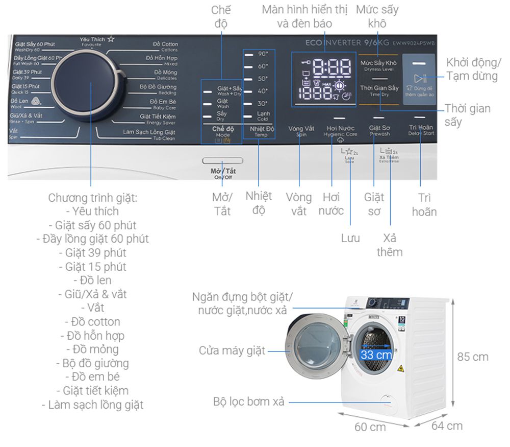 Máy giặt sấy Electrolux Inverter 9 kg EWW9024P5WB - Hàng chính hãng