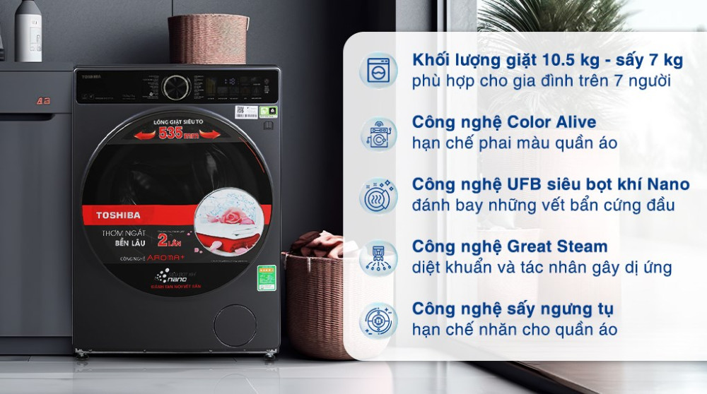 Máy giặt sấy Toshiba Inverter giặt 10.5 kg - sấy 7 kg TWD-T25BZU115MWV(MG) - Hàng chính hãng