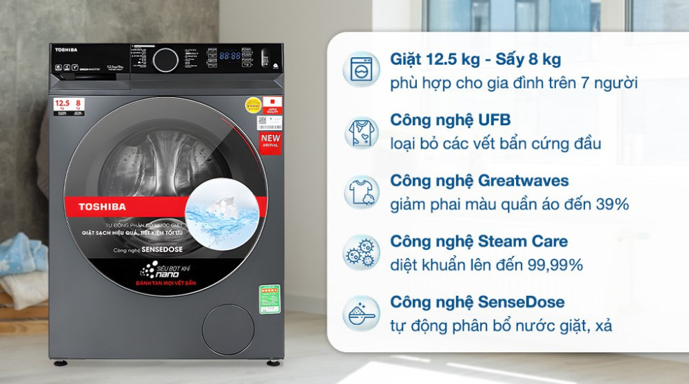 Máy giặt sấy Toshiba Inverter giặt 12.5 kg - sấy 8 kg TWD-BM135GF4V(MG) - Hàng chính hãng