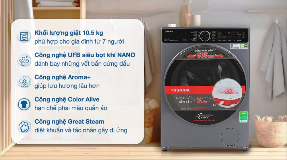 Máy giặt Toshiba Inverter 10.5 kg TW-T25BZU115MWV(MG) - Hàng chính hãng