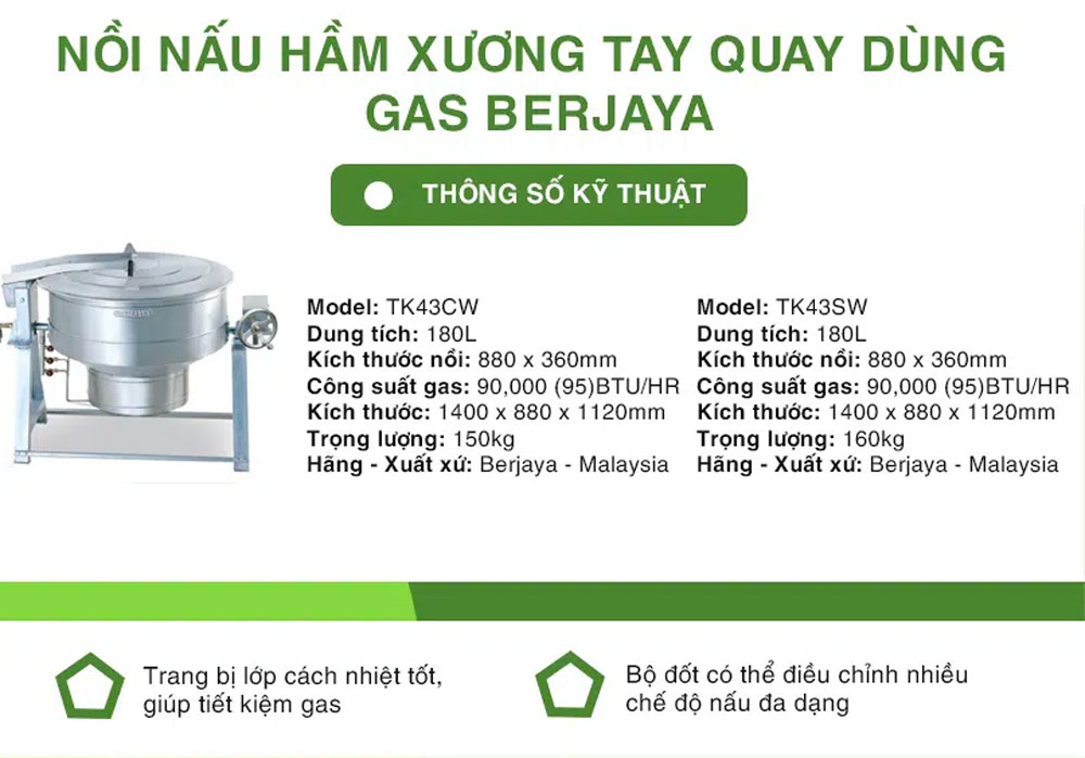 Nồi hầm tay quay dùng gas Berjaya TK43CW - Hàng chính hãng