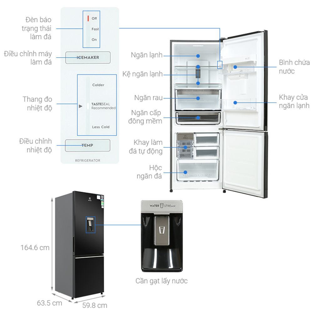 Tủ lạnh Electrolux Inverter 308 lít EBB3462K-H - Hàng chính hãng