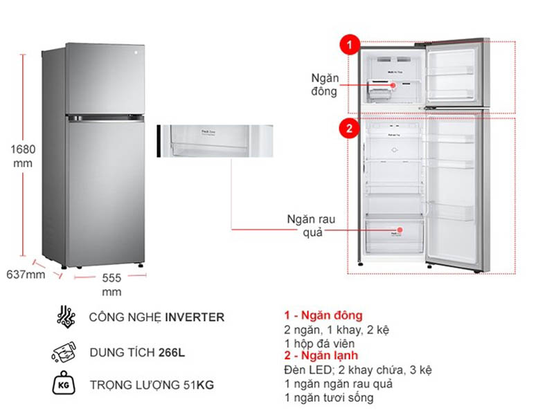 Tủ lạnh LG Inverter 266 Lít GV-B262PS - Hàng chính hãng