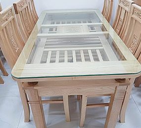 Bộ bàn ăn sồi Nga 2 tầng có kính 1600x900x760 - Hàng chính hãng